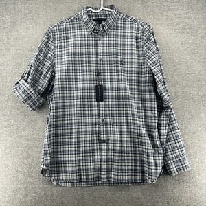 John Varvatos Shirt Men Size Large Blue Plaid Roll Tab Sleeve 100% Cotton NEW